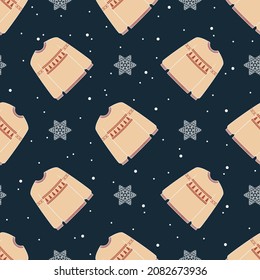 Winter seamless pattern with cute sweaters and snowflakes. Vector illustration