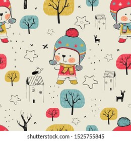 Winter Seamless Pattern with Cute  Teddy Bear in the Forest. Hand drawn vector illustration. Can be used for t-shirt print, kids wear fashion design, baby shower invitation card.