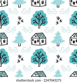 Winter seamless pattern with cute tiny houses and snowy trees on white background. Simple abstract print for kids textile, wrapping paper, packaging design. Vector hand drawn in doodle style