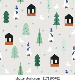 Winter seamless pattern. Cute vector background with doodle rabbit, snowmen, snowflake and geometric house, fir trees. Cartoon illustration in scandinavian style. Color New year, Christmas wallpaper