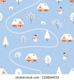 Patrón ininterrumpido de invierno con pueblo lindo y nevada en fondo azul,ilustración vectorial