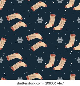 El invierno es fluido con medias de lana y copos de nieve. Ilustración del vector