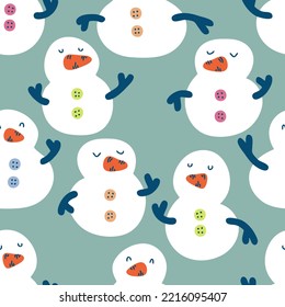 Winter seamless pattern with dancing snowmen. Childish print for tee, paper, fabric, textile. Hand drawn vector illustration for decor and design. 
