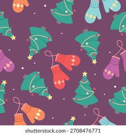 Padrão sem costura de inverno com árvores de Natal decoradas, luvas coloridas de malha. Símbolo de ano novo. Ilustração vetorial