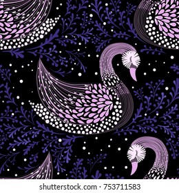 Winter seamless pattern with decorative swan and floral pattern on a black background 