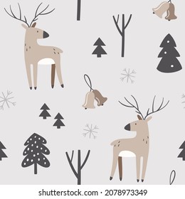 El invierno combina perfectamente con los ciervos y los árboles de Navidad en colores neutros. Estilo de invierno escandinavo. Ilustración vectorial.