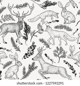 Winter seamless pattern with deer, fox, hare and evergreen plants in vintage style. Hand drawn decoration for paper, textile, wrapping decoration, scrap-booking, t-shirt, cards.