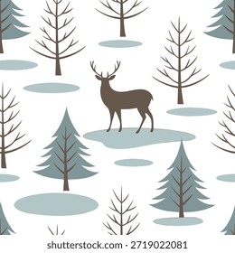 Patrón de invierno sin fisuras con ciervos árboles cubiertos de nieve y lagos congelados para un concepto de escena de invierno de bosque como patrón de invierno de bosque con ciervos árboles cubiertos de nieve y lagos congelados para un diseño inspirado en la naturaleza tranquila en Foto de archivo Concepto y espacio vacío en el lado izquierdo, sin texto --ar 7:2 --tile