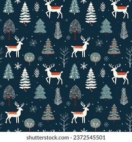 Winter seamless pattern with deer and snowy trees. Christmas vector pattern. Winter background.