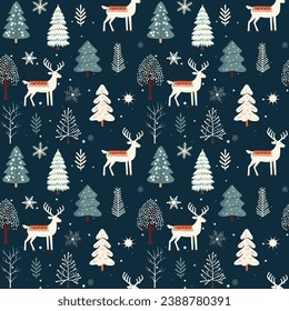 Winter seamless pattern with deer and snowy trees. Christmas vector pattern. Winter background.