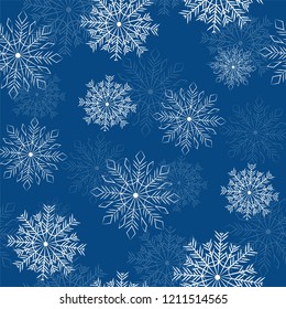 winter seamless pattern with deers, fir and snowflakes on blue background