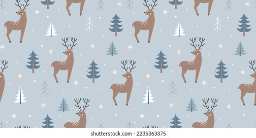 Winter seamless pattern with deers and fir trees on a light blue background.