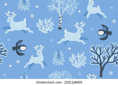 Winter seamless pattern with deers and owls. Vector graphics.