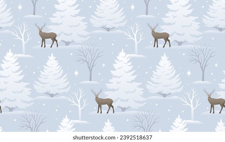 Winter seamless pattern design with deer, spruce, snow and forest. Merry Christmas and Happy New Year wallpaper for craft paper, home decoration, fabric, postcard. Light, elegant holiday background.