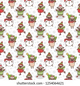 Winter seamless pattern with dogs breed pug. Dogs play games: sculpt snowman, skate, make a snow angel, carries a Christmas tree. It can be used for packaging, wrapping paper, textile and etc.