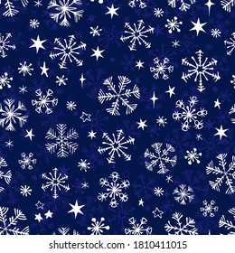 Winter seamless pattern with doodle snowflakes. Vector illustration on dark blue background.