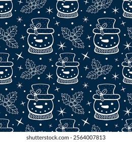 Winter nahtloses Muster mit Doodle Schneemann und Holly Beere. Weihnachtslinie Kunsthintergrund. Vektorgrafik. Textur der Winterferien.