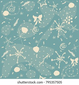 Winter Seamless Pattern with doodles, snowflakes and spruce branches. Vector Illustration.