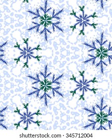 Winter seamless pattern with fantasy blue-green snowflakes and ornamental light blue noise on white background. Snowflakes made from hand drawn fir branches.