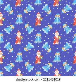 Winter seamless pattern. Father Frost and granddaughter on blue background. Christmas decoration. New year grandfather and girl for greeting and invitation cards