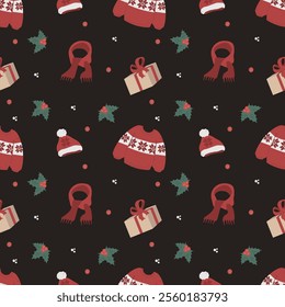 winter seamless pattern featuring a sweater scarf and hat