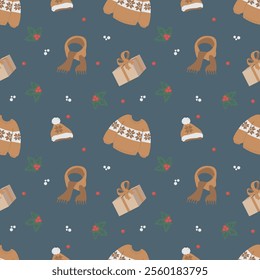 winter seamless pattern featuring a sweater scarf and hat