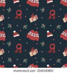 winter seamless pattern featuring a sweater scarf and hat