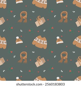 winter seamless pattern featuring a sweater scarf and hat