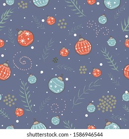 Winter Seamless Pattern with festive ornaments and branches of spruce tree on subtle background. Great For swatches, fabric, wrapping/gift paper, wall art design, etc. Vector Illustration