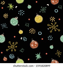 Winter Seamless Pattern with festive  ornaments. Hand Drawn Scandinavian Style. Great for wedding cards, postcards, t-shirts, bridal invitations, brochures, posters, gift wrapping, wall art, etc