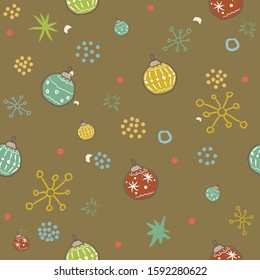 Winter Seamless Pattern with festive  ornaments. Hand Drawn Scandinavian Style. 
