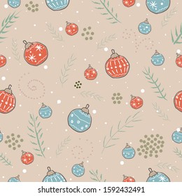 Winter Seamless Pattern with festive ornaments and branches of spruce tree on subtle background. Great For swatches, fabric, wrapping/gift paper, wall art design, etc. Vector Illustration