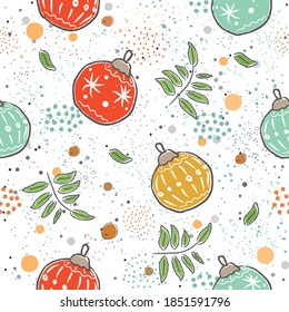 Winter Seamless Pattern with festive ornaments on subtle background and rowan leaves. Great For swatches, fabric, wrapping/gift paper, wall art design, etc. Vector Illustration