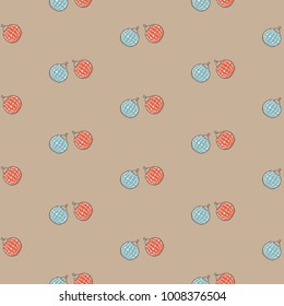 Winter Seamless Pattern with festive red and blue ornaments. Hand Drawn Scandinavian Style. Vector Illustration