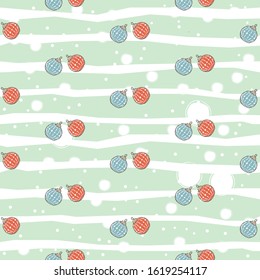 Winter Seamless Pattern with festive red and blue ornaments. Hand Drawn Scandinavian Style. Vector Illustration