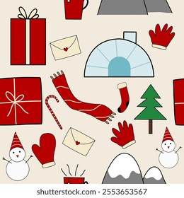 Winter Seamless Pattern with Festive Snowflakes and Cozy Seasonal Elements