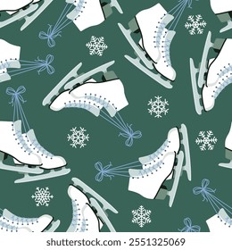 Winter Seamless Pattern With Figure Ice Skates And Snowflakes On Blue Green Background. Flat Style. Vector illustration