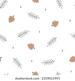 Winter seamless pattern with fir branches and cones. Christmas or winter nature theme wallpaper. Hand drawn vector illustration on white background. 