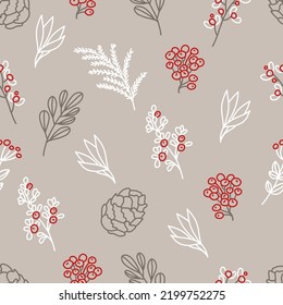 Winter seamless pattern with fir cone, holly leaves and berries on beige background for greeting cards, wrapping papers. Seamless winter pattern. Vector illustration.