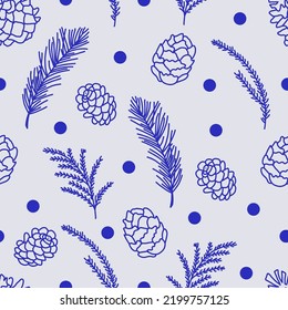 Winter seamless pattern with fir cone, holly leaves and berries for greeting cards, wrapping papers. Seamless winter pattern. Vector illustration.