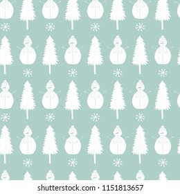 Winter seamless pattern with fir trees and snowmans. Decorative print for covers, gift cards and wrapping paper.
