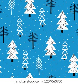 Winter seamless pattern with fir trees and pines in snow. Winter forest background. Vector illustration. Seamless vector pattern with Christmas trees. Bright blue background
