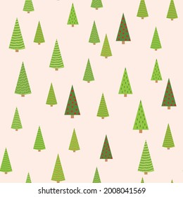 Winter Seamless Pattern with Fir Trees and Pines in Snow. Coniferous Forest. Christmas Decoration.