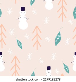 Winter seamless pattern with fir trees, snowman and hand drawn Christmas toy. Surface design for textile, fabric, wallpaper, packaging, gift wrap, paper, scrapbook and packaging.