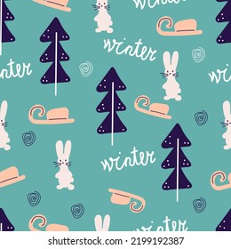 Winter seamless pattern with fir trees, rabbit and sled on a mint background. Surface design for textile, fabric, wallpaper, packaging, gift wrap, paper, scrapbook and packaging.