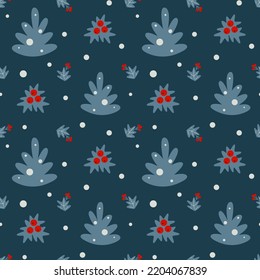 Winter seamless pattern with fir trees and branches of berries.
