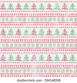 Winter seamless pattern with firs (or xmas trees) and geometric ornament. Primitive ethnic (tribal) style with hand drawn ornament. Purple and turquoise palette with a grunge texture