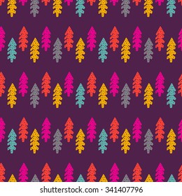 Winter seamless pattern with fir-tree in vector. Christmas background. Funny cartoon illustration with spruce tree.