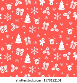 Winter seamless pattern with flat icons on red background. Vector illustration. Christmas pattern. For web design, wallpaper, wrapping paper, scrapbooking, for printing on clothes, textile, package.