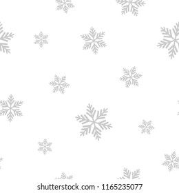 Winter seamless pattern with flat silver grey snowflakes on white background. New Year backdrop. Vector Christmas background for fabric, textile, wrapping paper, card, invitation, wallpaper.
